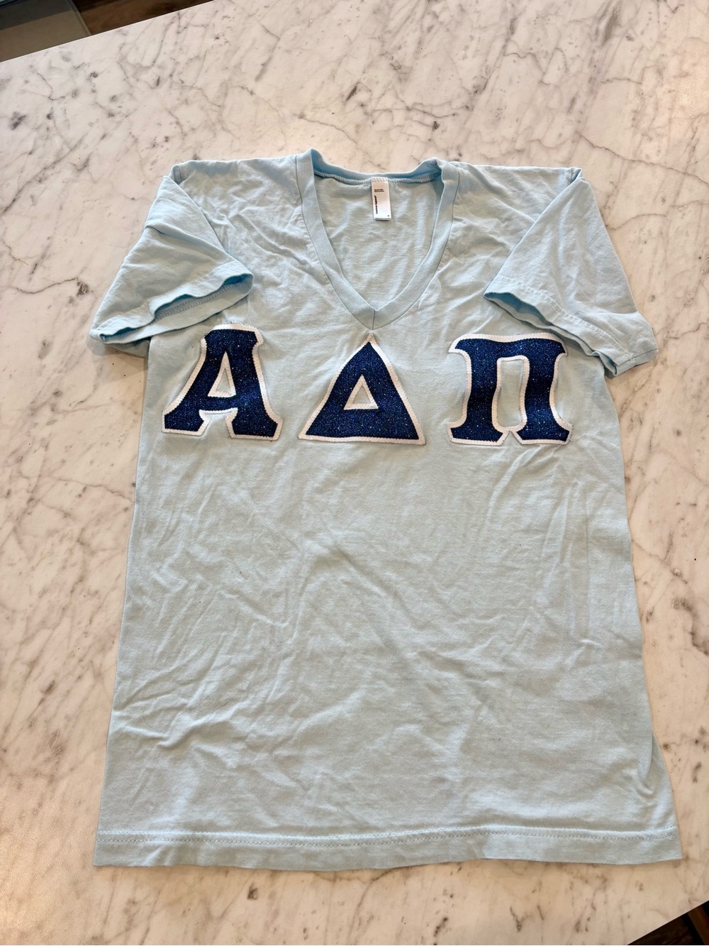 American Apparel Light Blue V-Neck Tee with Glittery Navy Stitched ADPi Letters